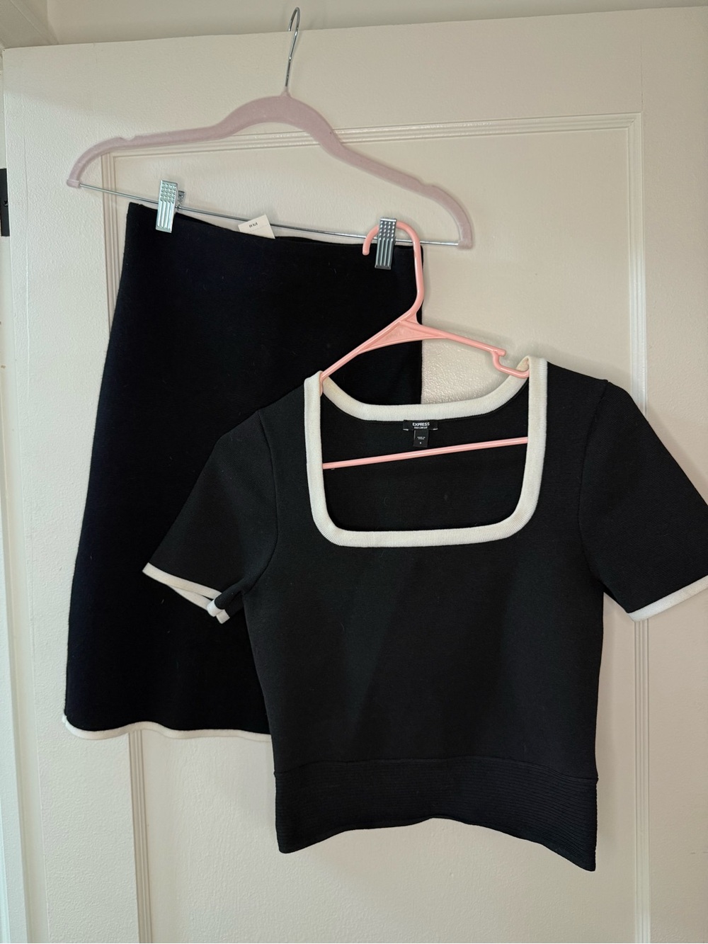 Express Black pencil skirt and shirt set with white trim